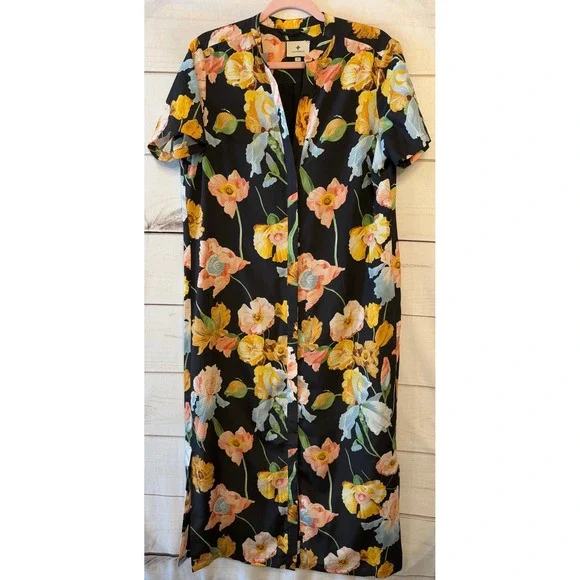 Tuckernuck Floral Maxi Dress Black Yellow Pink Short Sleeve Button Front M - Picture 1 of 7